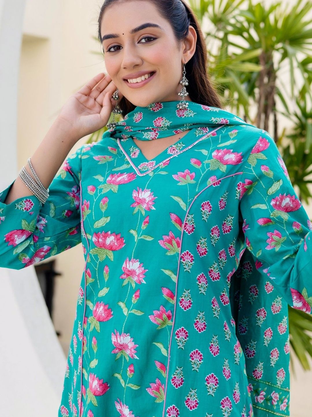 Kohsh Women Floral Printed Cotton Kurta with Trousers & Dupatta