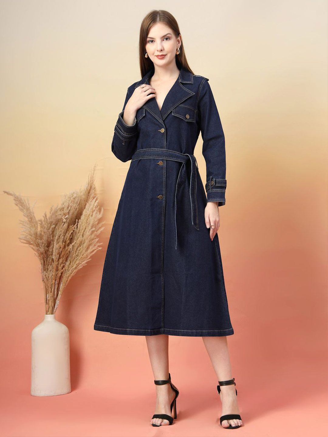 Buy COSMIC TRIO Women Denim Shirt Midi Dress With Belted - Dresses