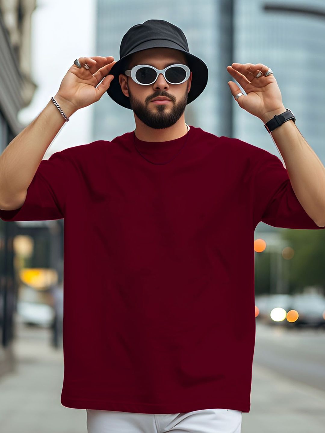 AUSK Men Solid Round Neck Cotton Oversized T-shirt