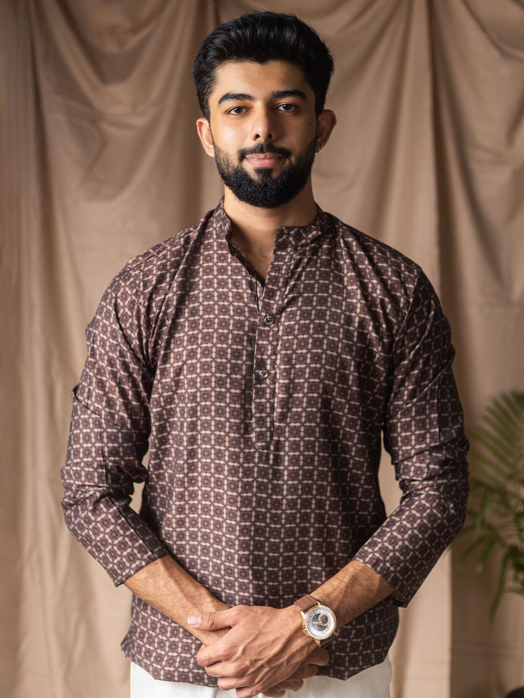 Rawayi Ethnic Motifs Printed Mandarin Collar Straight Linen Kurta