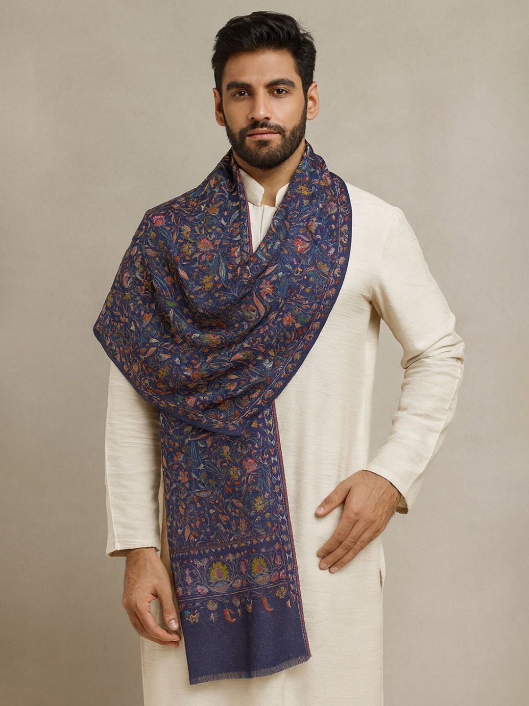 MUFFLY Men Kalamkari Woven Design Stole with Fringed Border