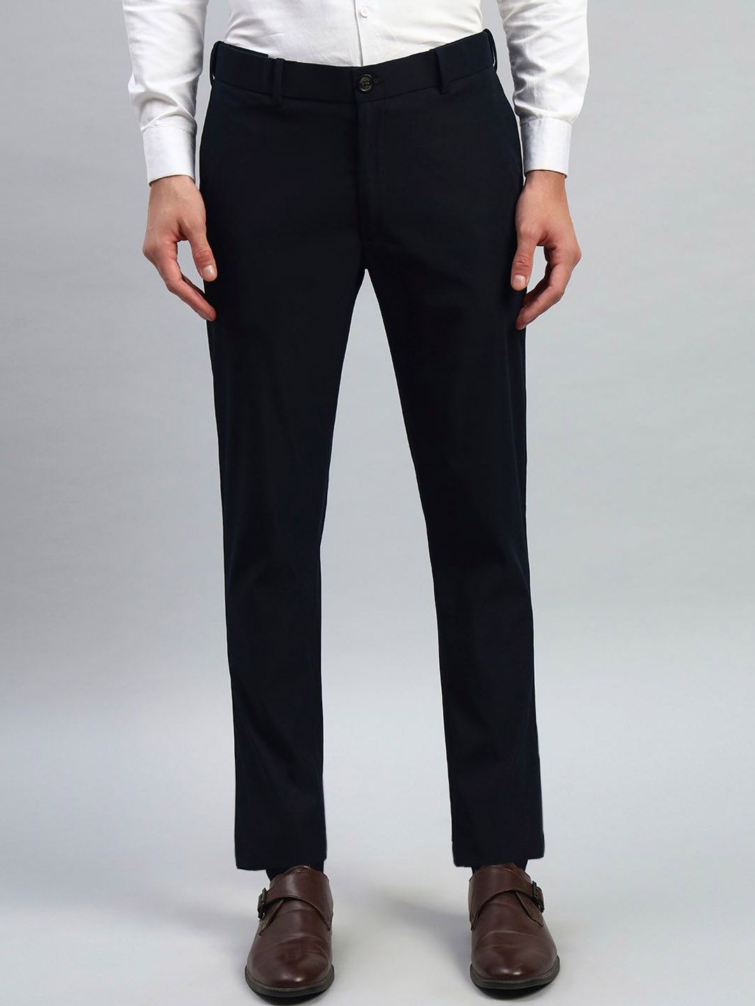 AXNIS Men Solid Slim Fit Wrinkle-Resistant Formal Trousers with Stretchable Waistband