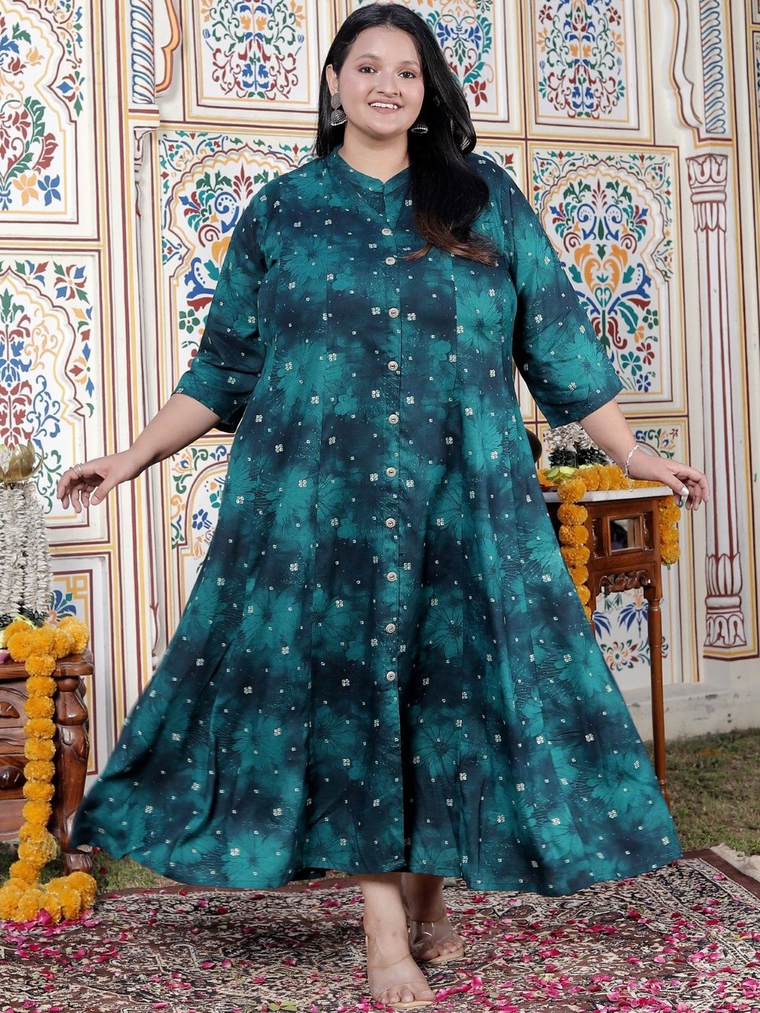 Buy Swasti Plus Size Floral Printed Mandarin Collar A-Line Maxi