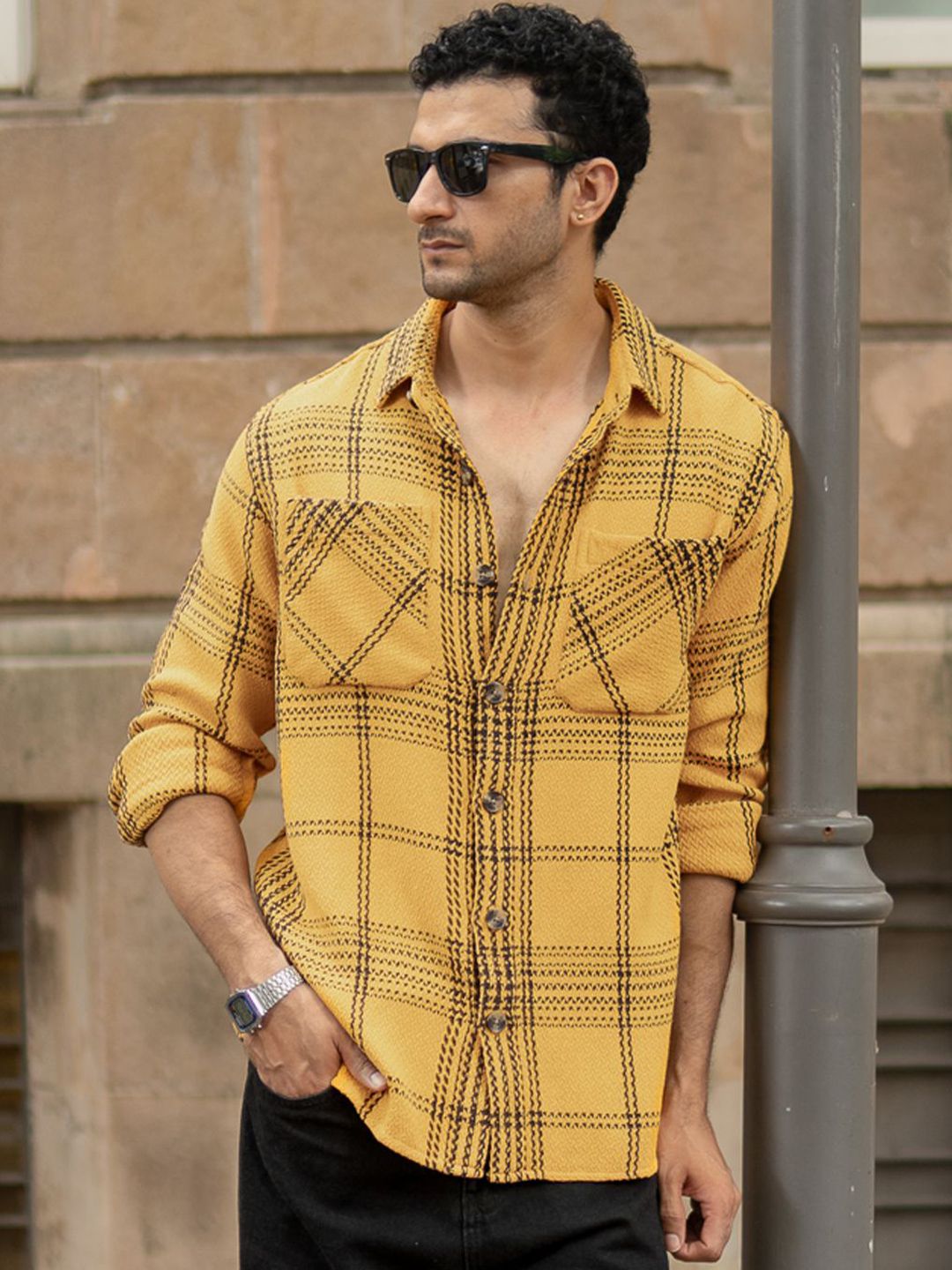 Powerlook Men Tartan Checked Spread Collar Casual Shirt