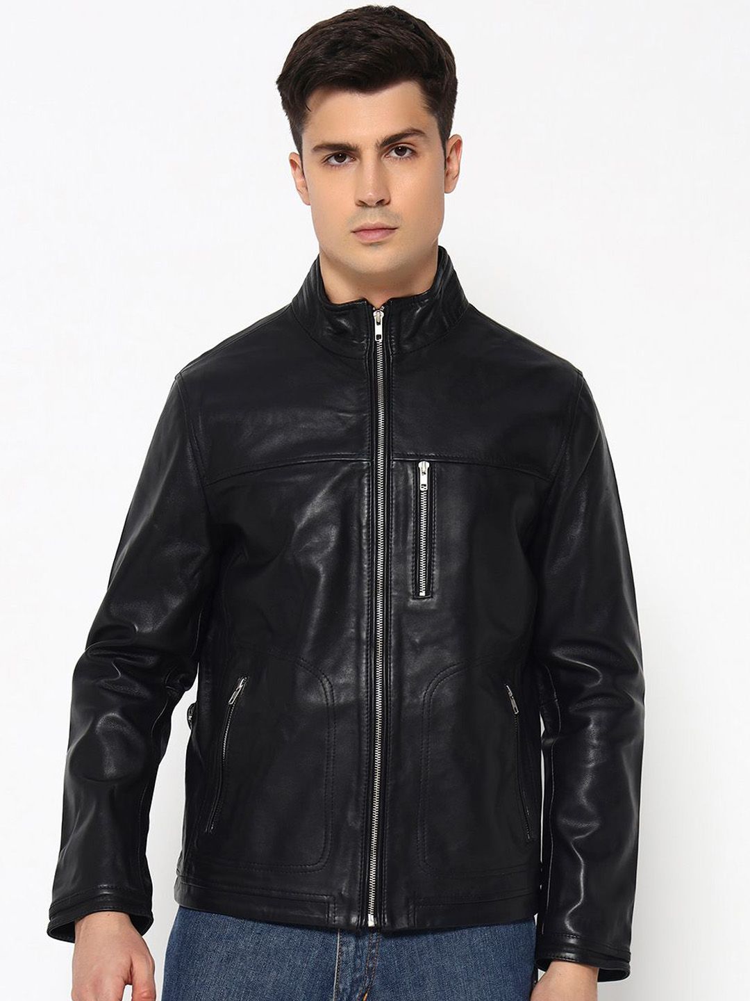 MaheTri Men Mandarin Collar Luxe Black Leather Jacket
