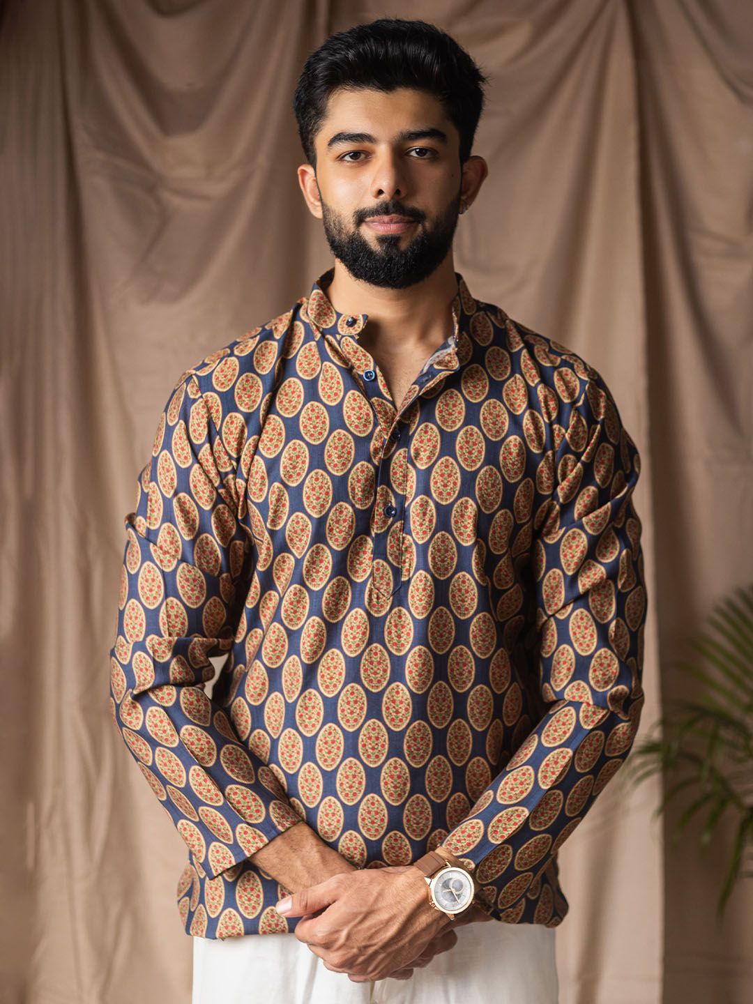 Rawayi Ethnic Motifs Printed Mandarin Collar Straight Linen Kurta