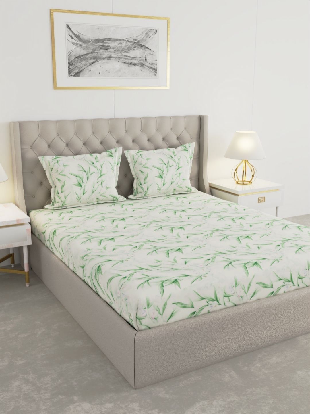 Raymond Home Raymond Home White & Green Printed 100 TC Queen Bedsheet Set-2.25 m x 2.50 m