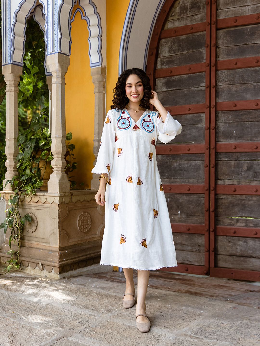 Buy ZUMMER Floral Embroidered Puff Sleeve A-Line Dress - Dresses