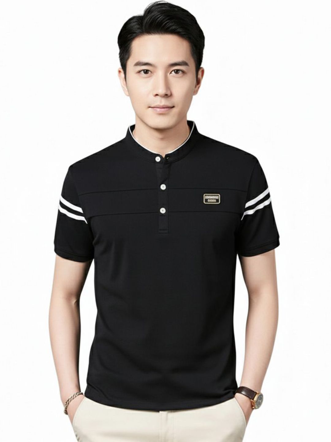 R.Code by The Roadster Life Co. R.Code by The Roadster Lifestyle Co. Men Striped Henley Neck T-shirt