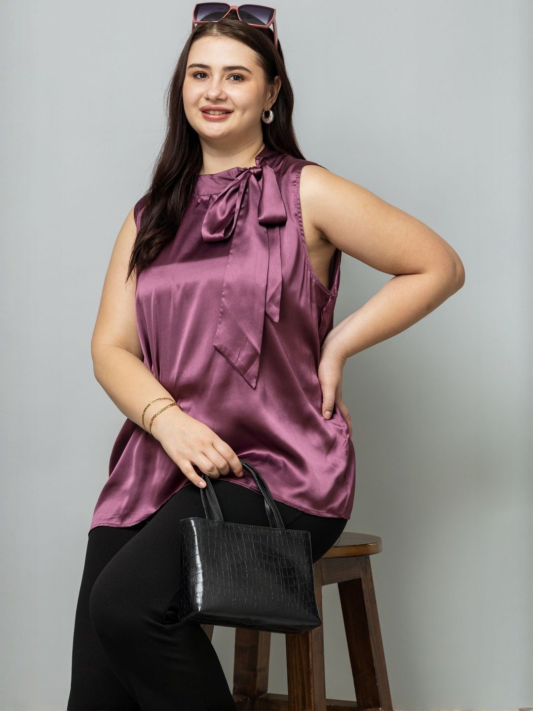 PURYS PLUS Plus Size Women Tie-Up Neck Ruffles Satin Top