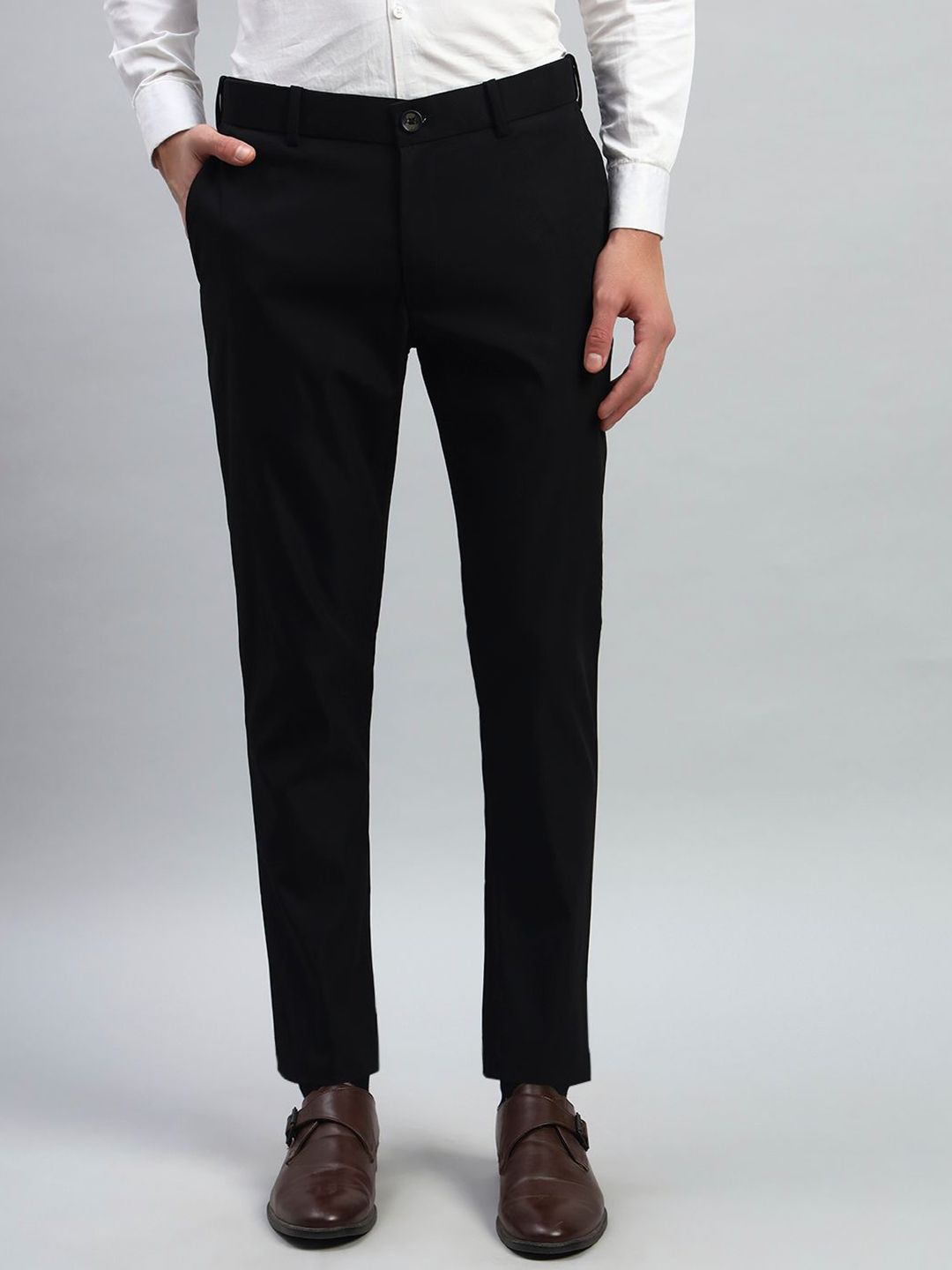 AXNIS Men Solid Slim Fit Wrinkle-Resistant Formal Trousers with Stretchable Waistband