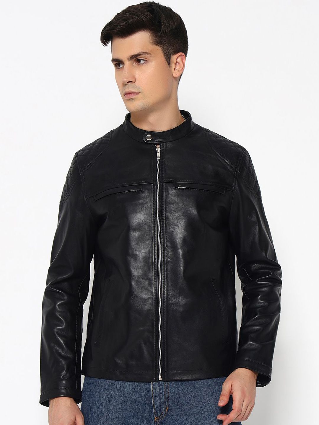 MaheTri Men Mandarin Collar Signature Black Leather Jacket