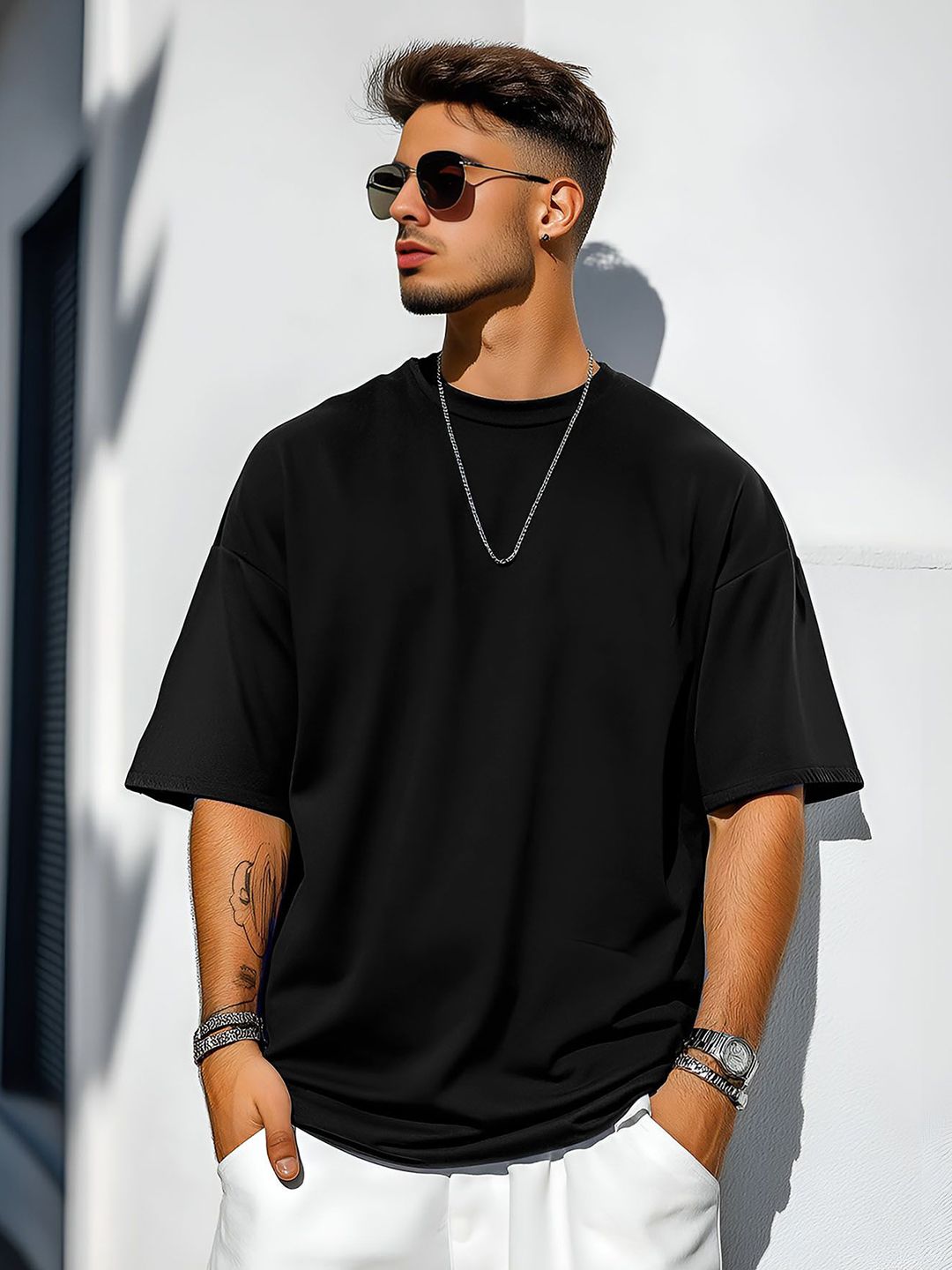 AUSK Men Solid Round Neck Cotton Oversized T-shirt