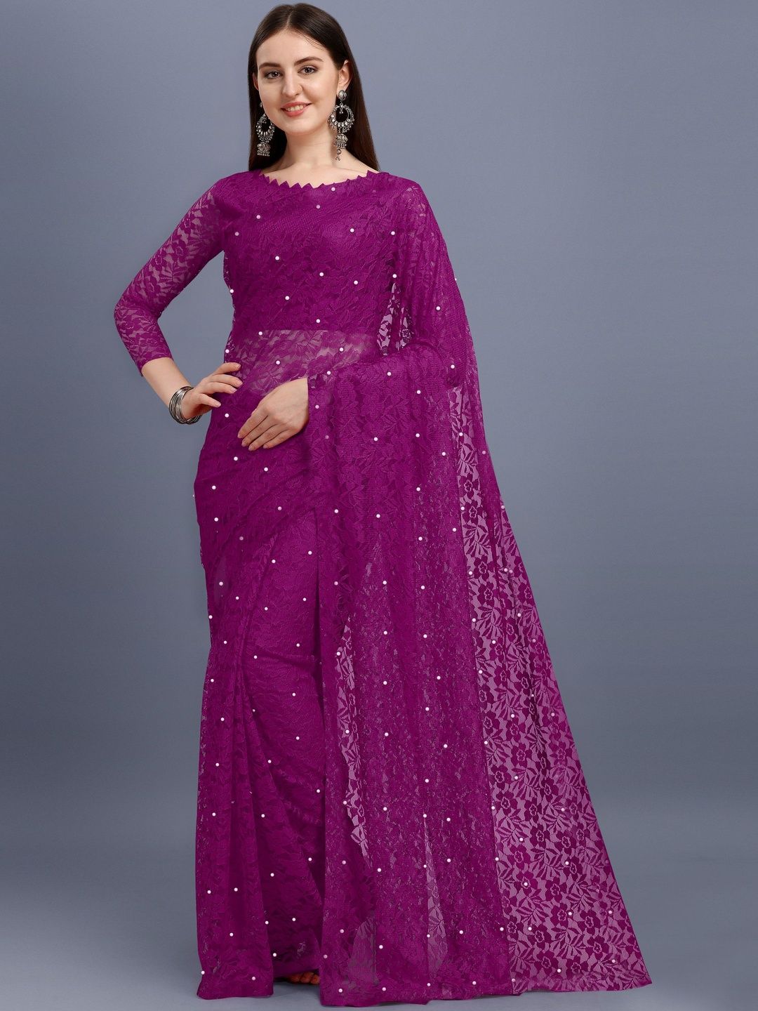 fashion field Woven Design Embellished Beads and Stones Net Saree With Unstiched Blouse