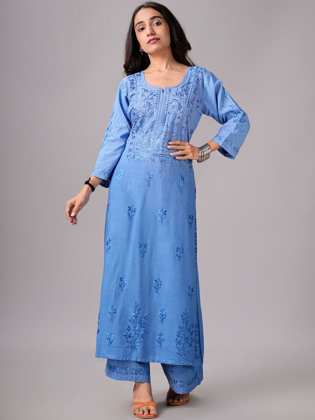Motifs Embroidered Kurta Set colorkosh Ethnic Motifs Round Neck Embroidered Chikankari Straight Kurta With Palazzos