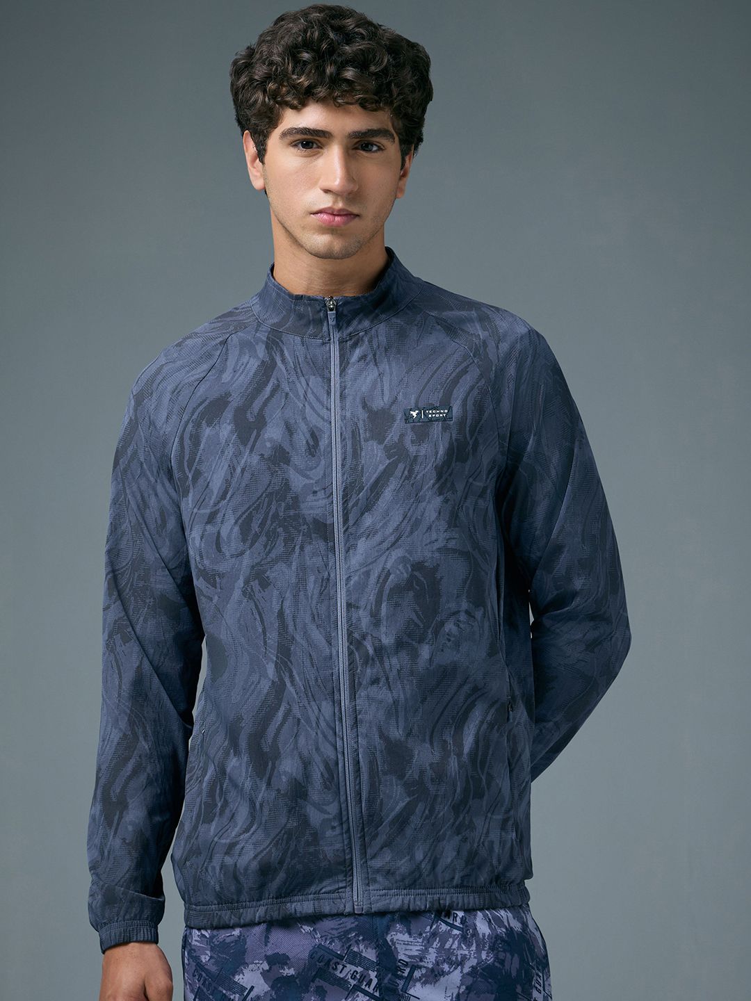 Technosport Men Mock Collar Abstract Printed Lightweight Sporty Jacket