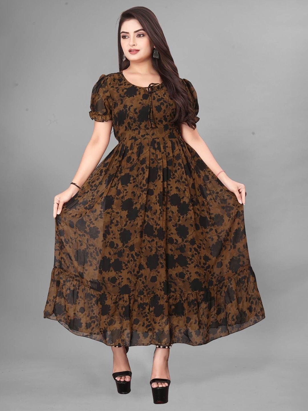 QENA Printed Puff Sleeve Georgette Fit & Flare Midi Dress