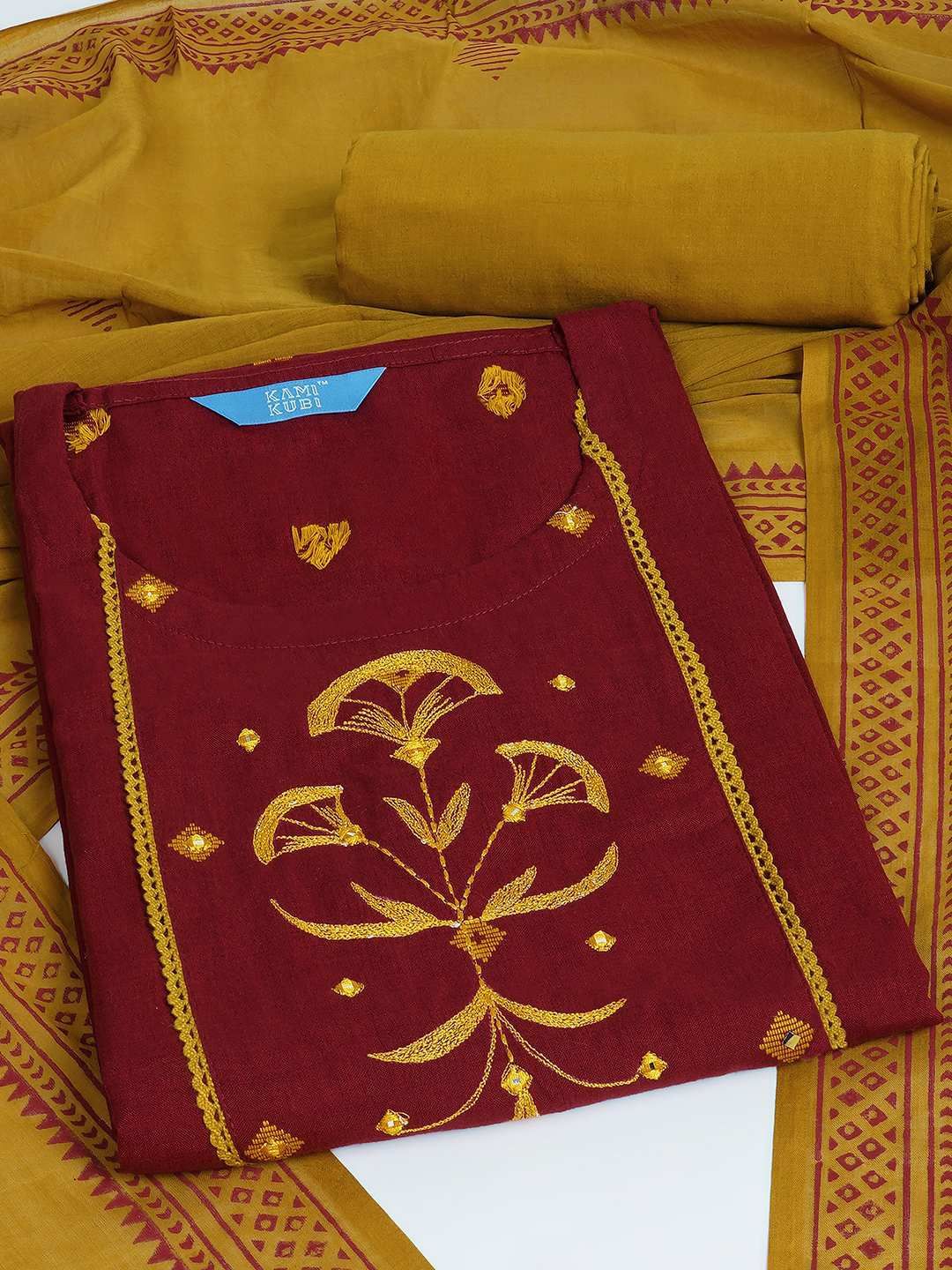 KAMI KUBI Floral Embroidered Pure Cotton Unstitched Dress Material