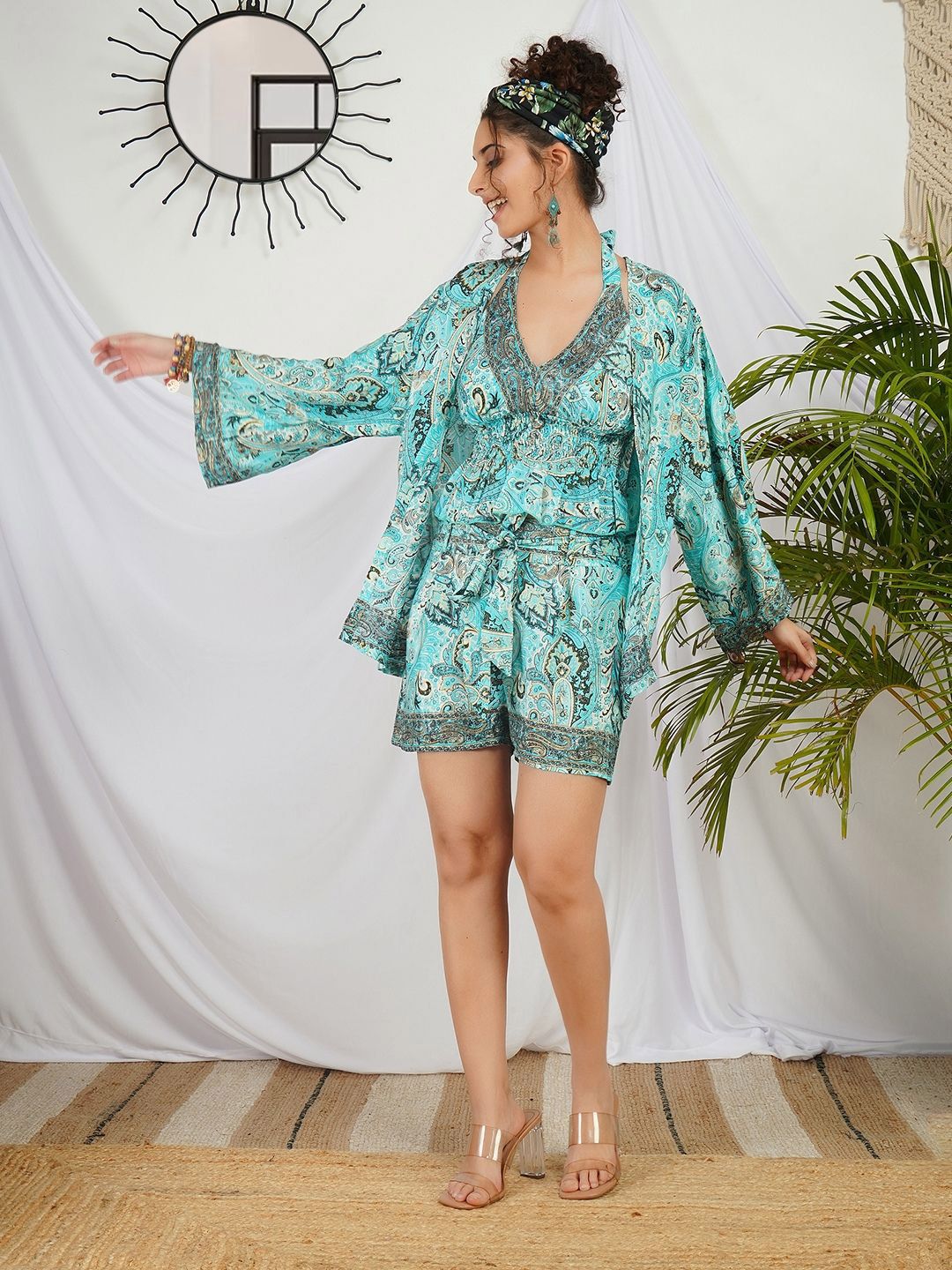 Boholyfe Selina Aqua Paisley Printed Halter Neck Top & Shorts With Shrug