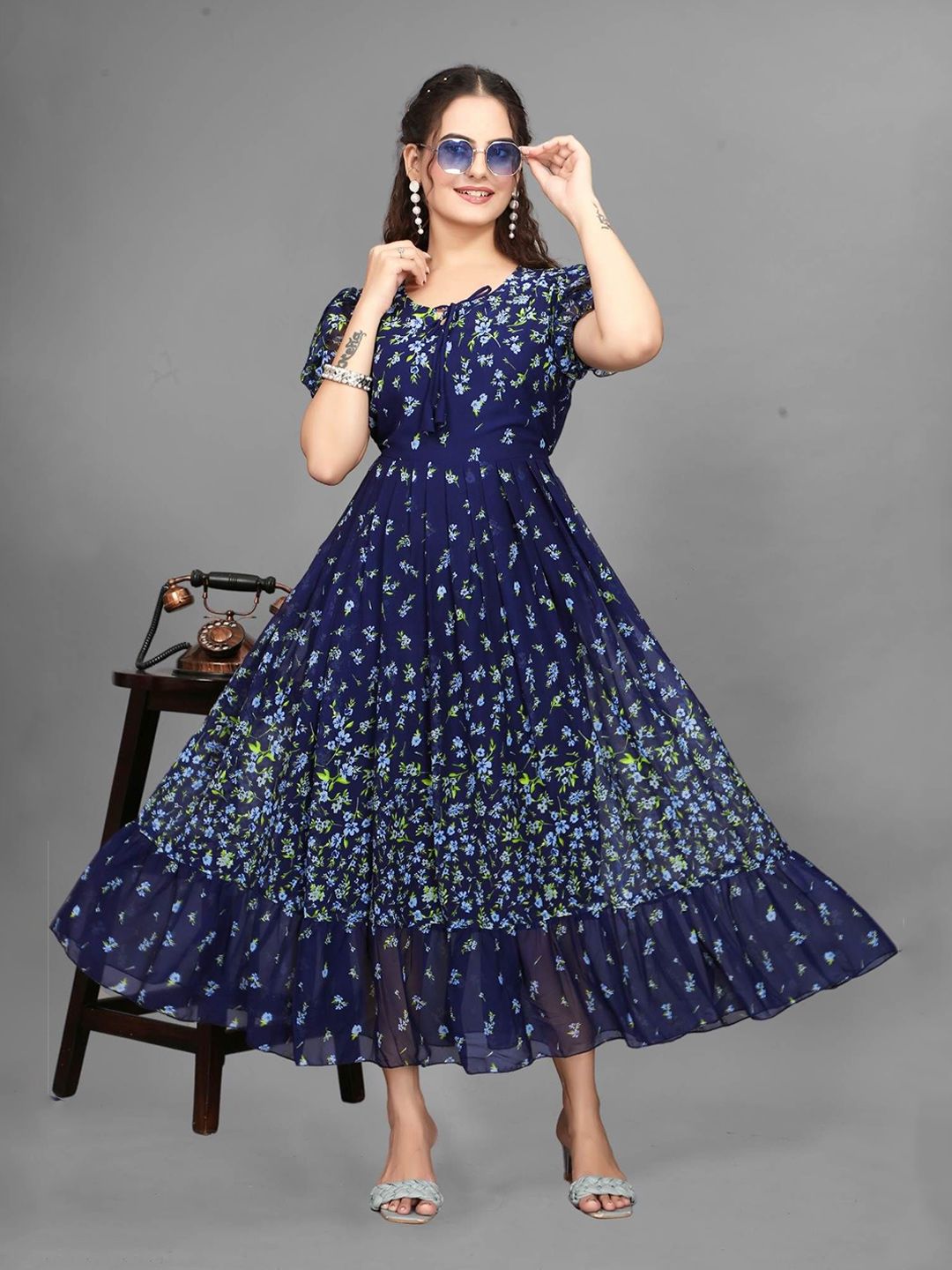 Buy QENA Women Round Neck Floral Print Puff Sleeve Fit & Flare