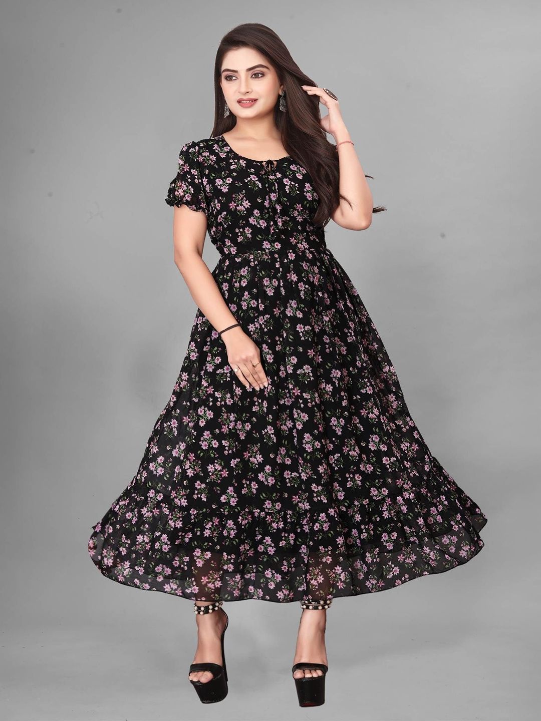 Buy QENA Floral Printed Tie-Up Neck Puff Sleeve Georgette Fit and