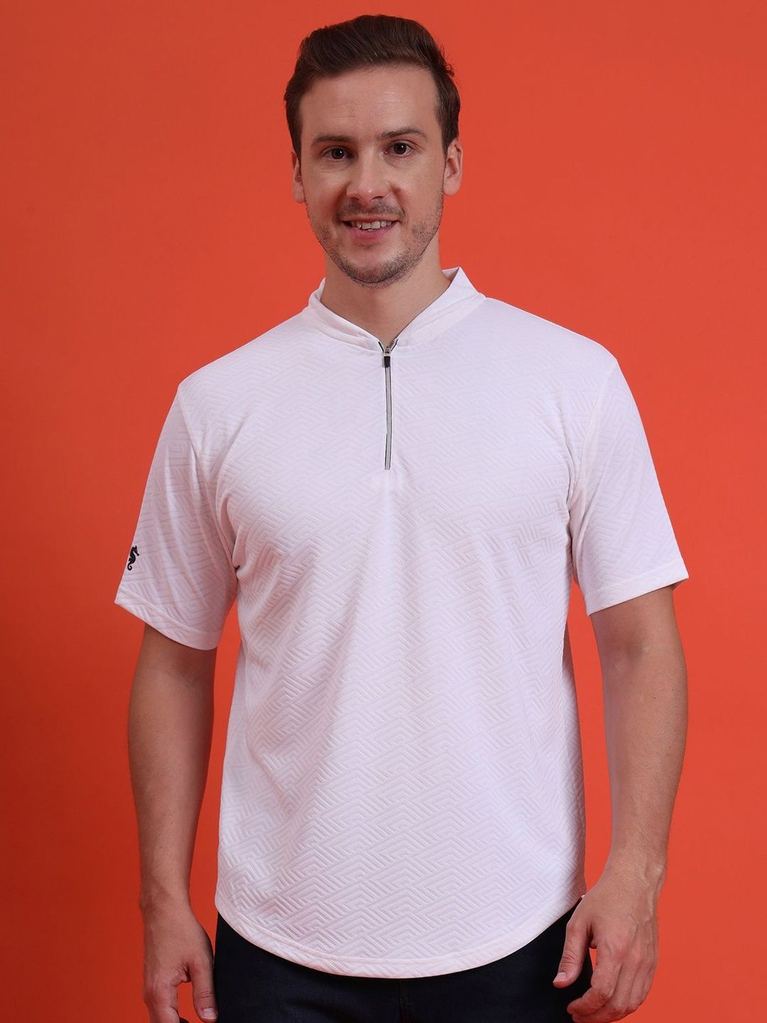 Eppe Men Mandarin Collar Tee Casual Wear Half Sleeve Polyester Textured T-shirt