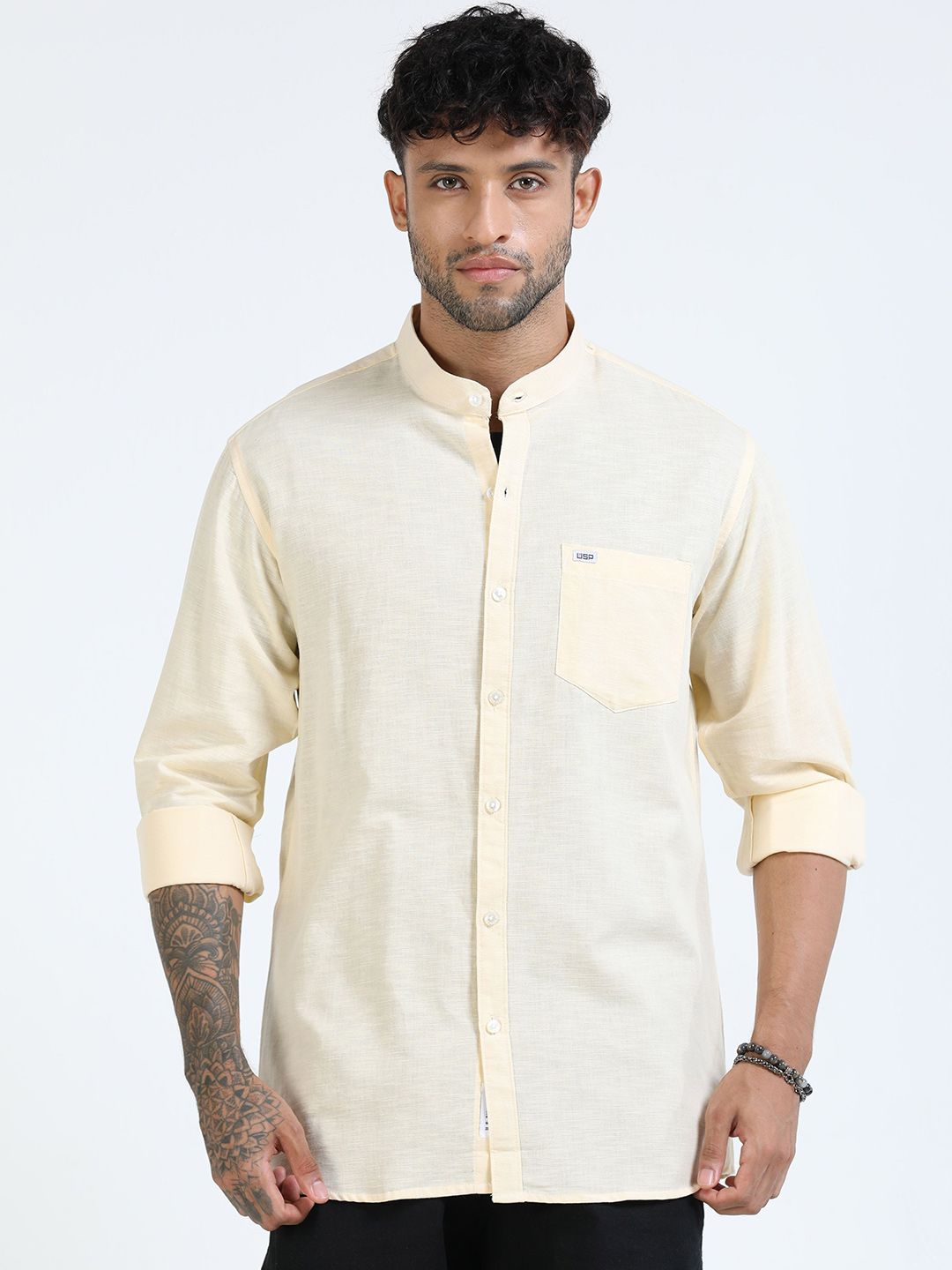 U.S. PITCHERS Men Standard Slim Fit Solid Mandarin Collar Casual Shirt