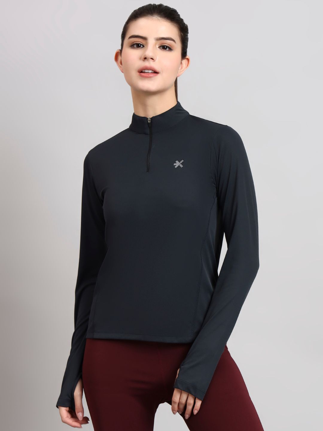 HRX by Hrithik Roshan Woman Logo Detail Mock Neck Rapid Dry Slim Fit T-shirt