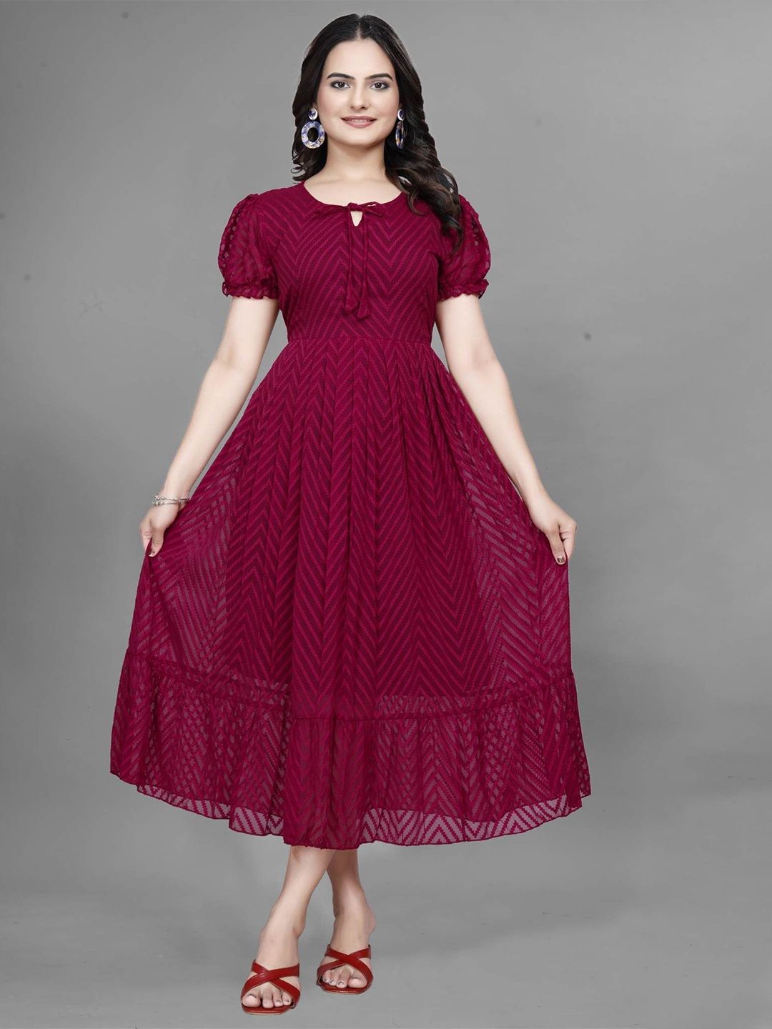 QENA Women Puff Sleeve Georgette Fit & Flare Midi Dress