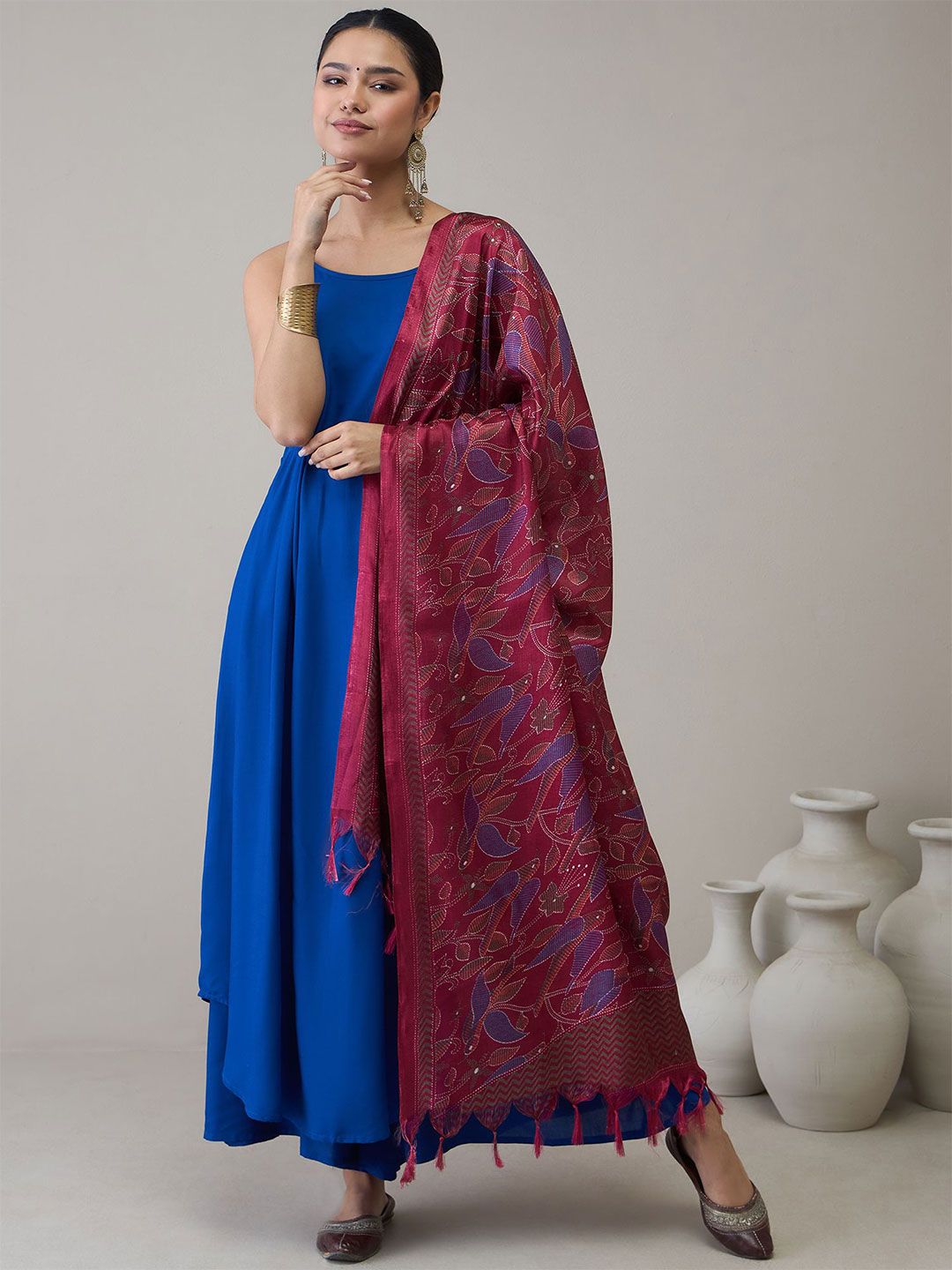 InWeave Floral Printed Mirror Work Tasselled Dupatta