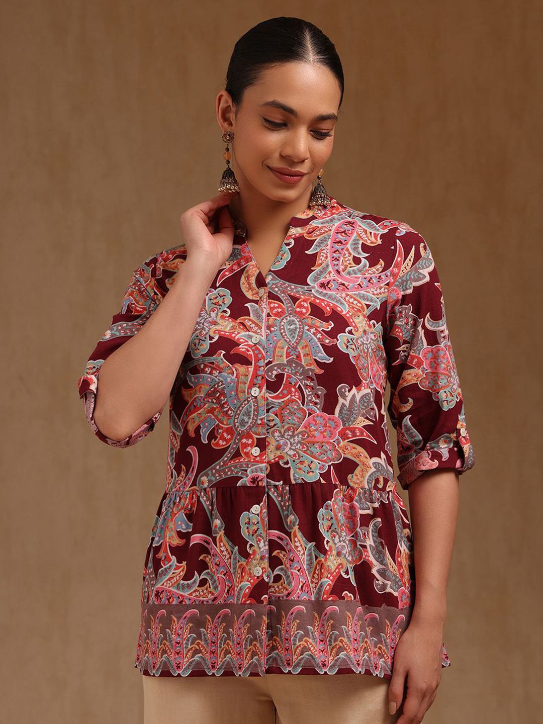 Soch Floral Printed Mandarin Collar Pure Cotton Tunic