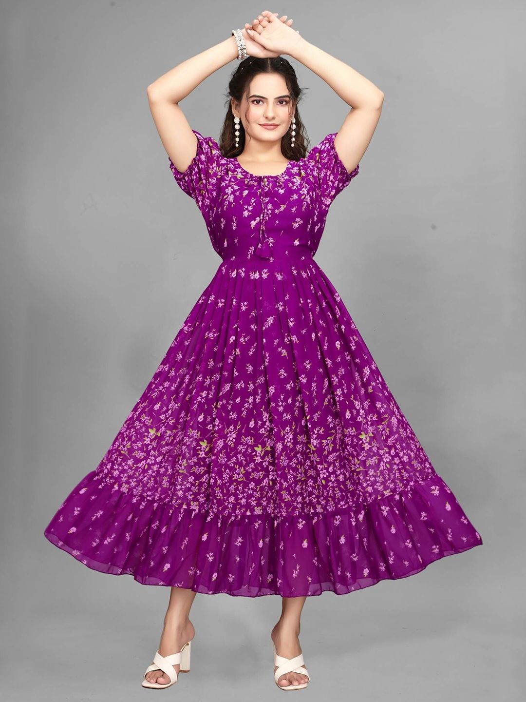 Buy QENA Women Round Neck Floral Print Puff Sleeve Fit & Flare