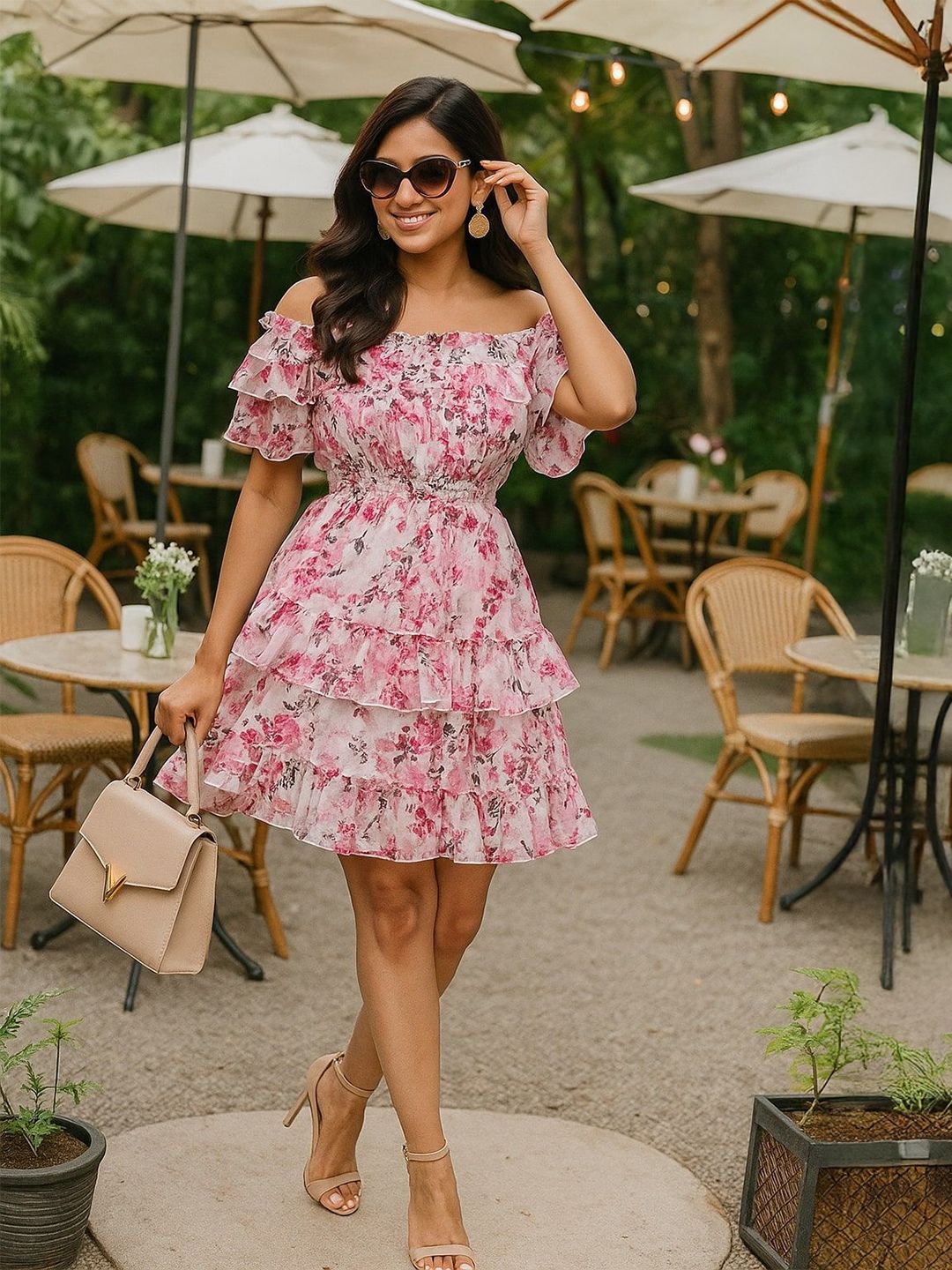 all about you Women Floral Printed Off-Shoulder Flared Sleeve Ruffled Fit & Flare Dress