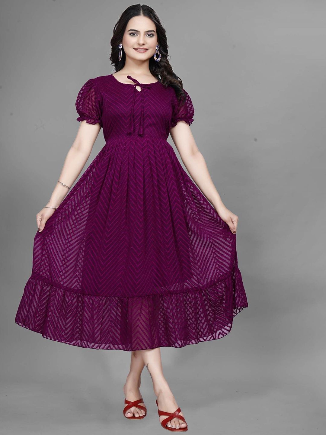 QENA Women Self Design Puff Sleeve Georgette Fit & Flare Midi Dress