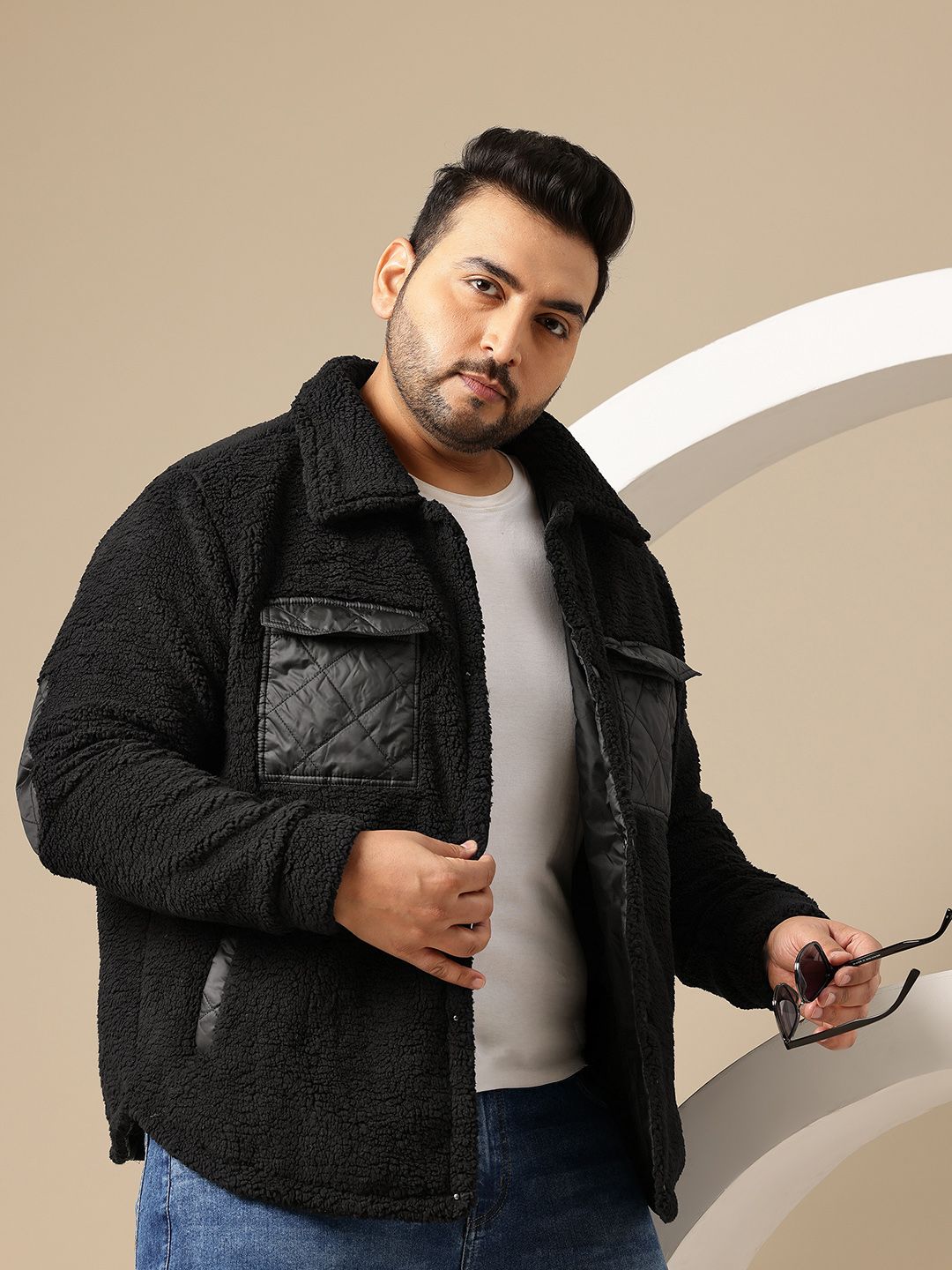 Sztori Plus Size Spread Collar Sherpa Jacket