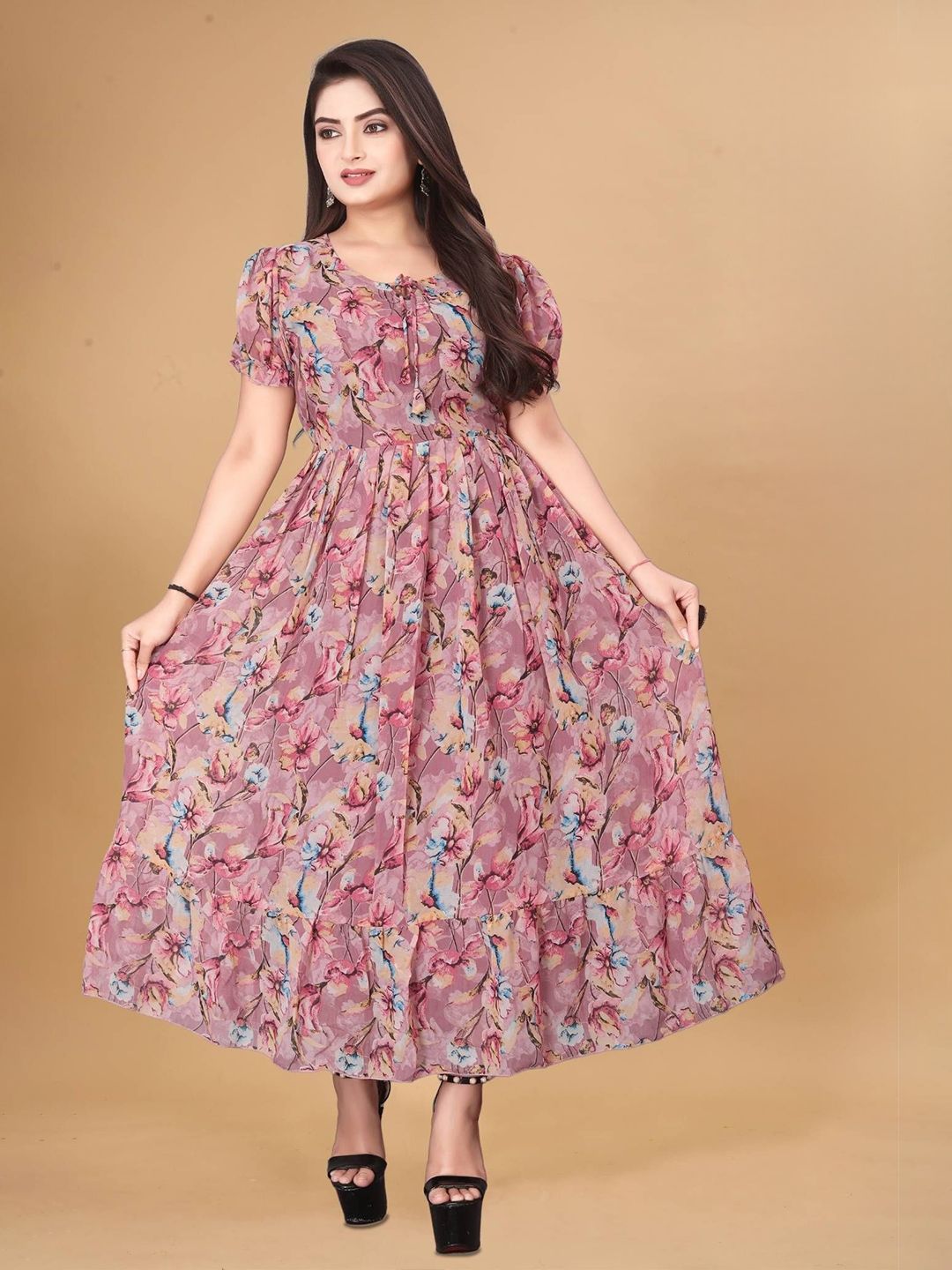 QENA Women Floral Print Puff Sleeve Georgette Fit & Flare Maxi Dress