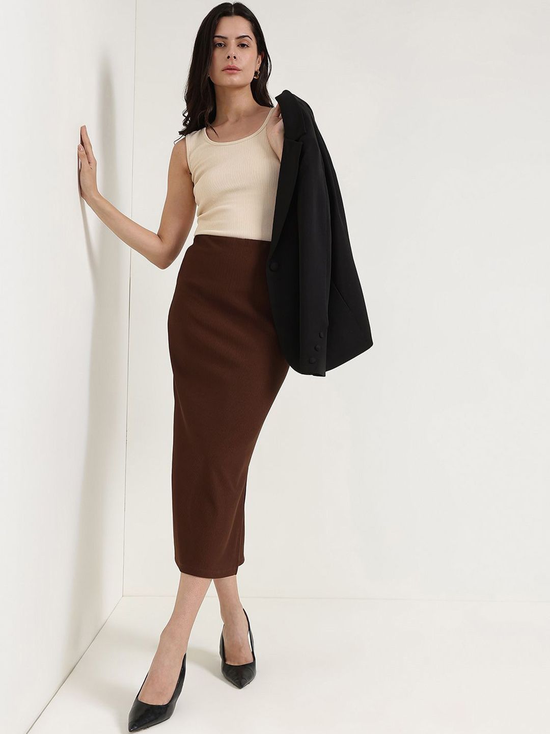 Buy FABLE STREET Women Ribbed Pencil Midi Skirt with Side Slit