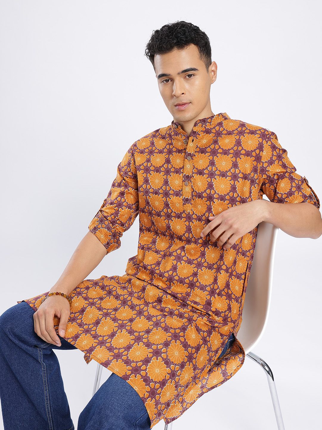 Anouk Rustic Floral Printed Band Collar Roll-Up Sleeves Kurta