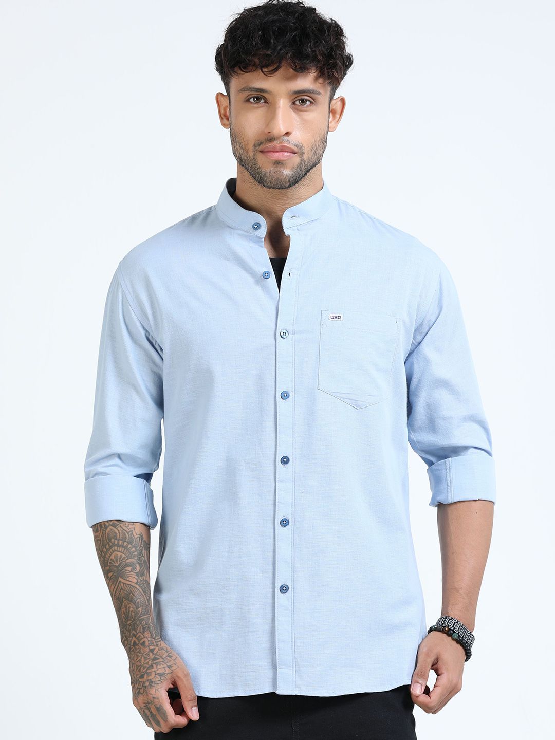 U.S. PITCHERS Men Standard Slim Fit Solid Mandarin Collar Casual Shirt