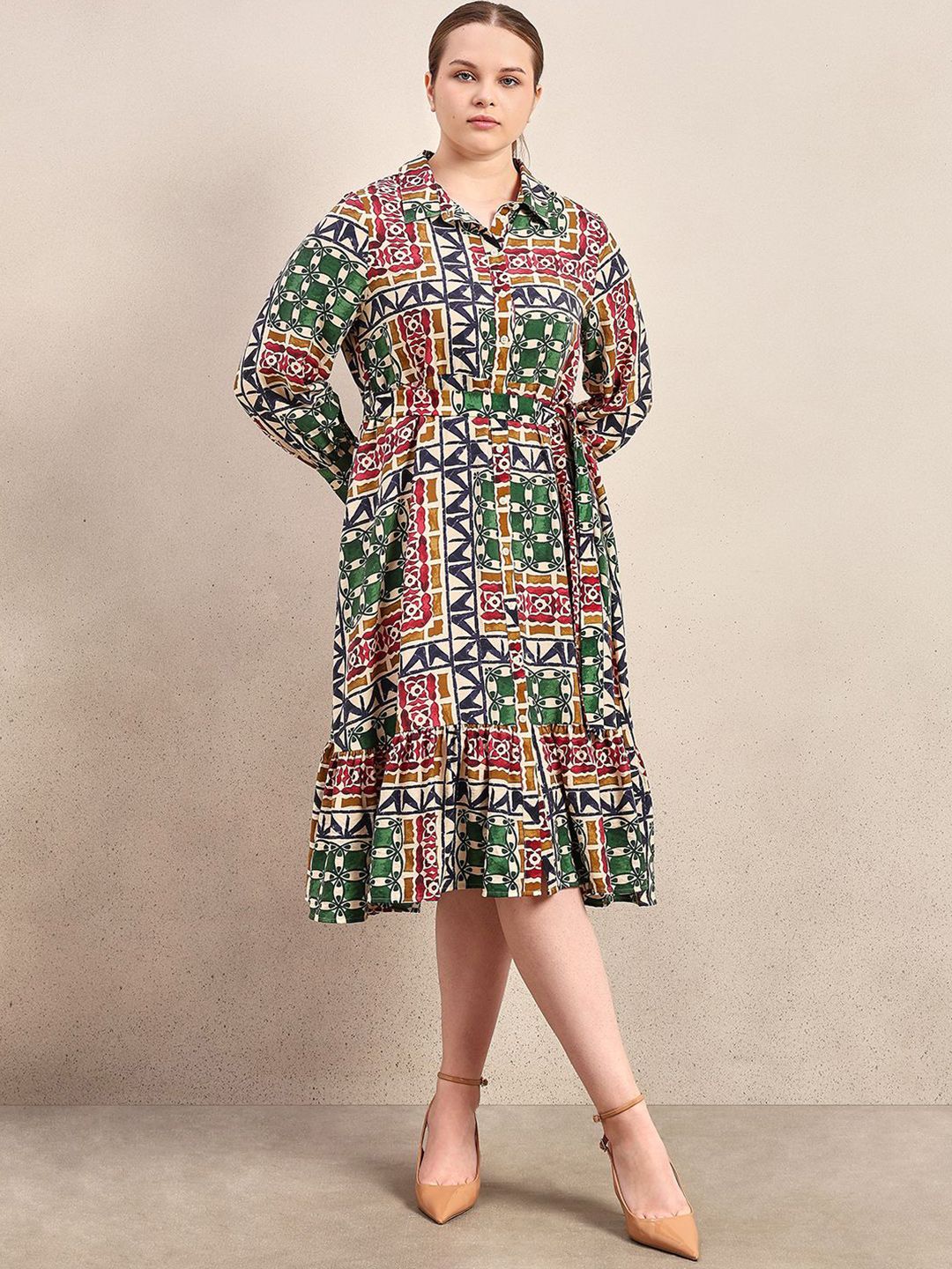 Printed Shirt Midi Dress VERO MODA CURVE Abstract Printed Tie Up Detail Shirt Midi Dress