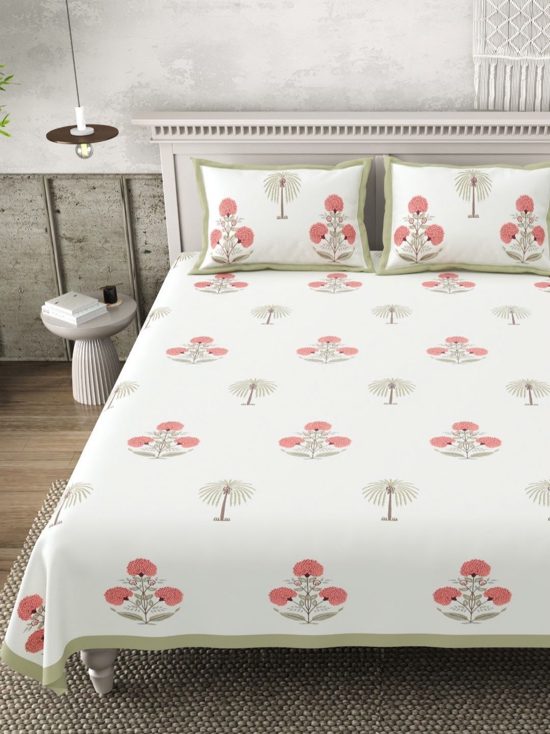 Plarsh Comfort Green Palm Bloom 240 TC Pure Cotton King Size Bedsheet with 2 Pillow Covers