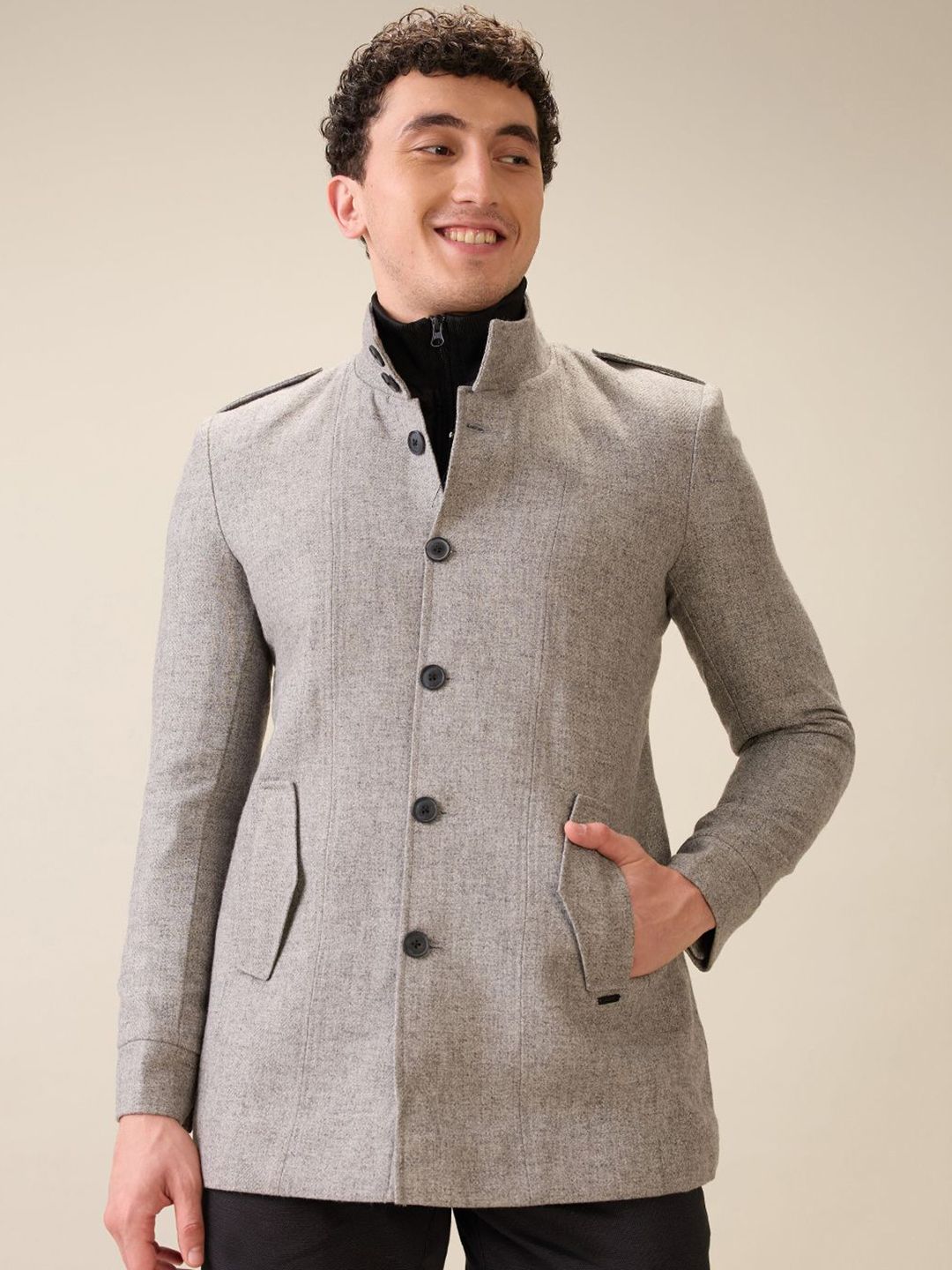 Parx Men Mock Collar Solid Tailored Jacket