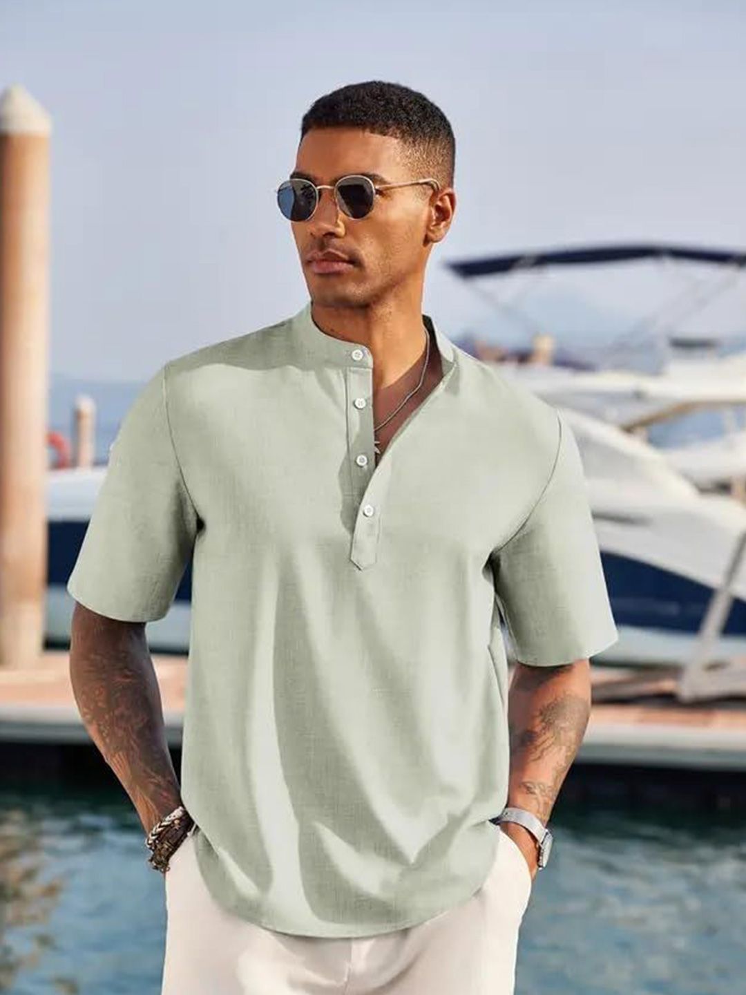 R.Code by The Roadster Life Co. Men Solid Mandarin Collar Casual T-shirt