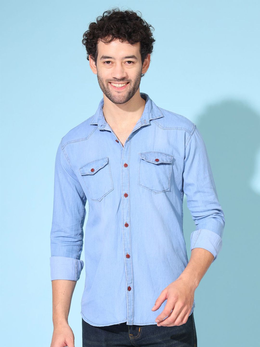 DOUBLE ONE Men Standard Fit Solid Spread Collar Casual Denim Shirt