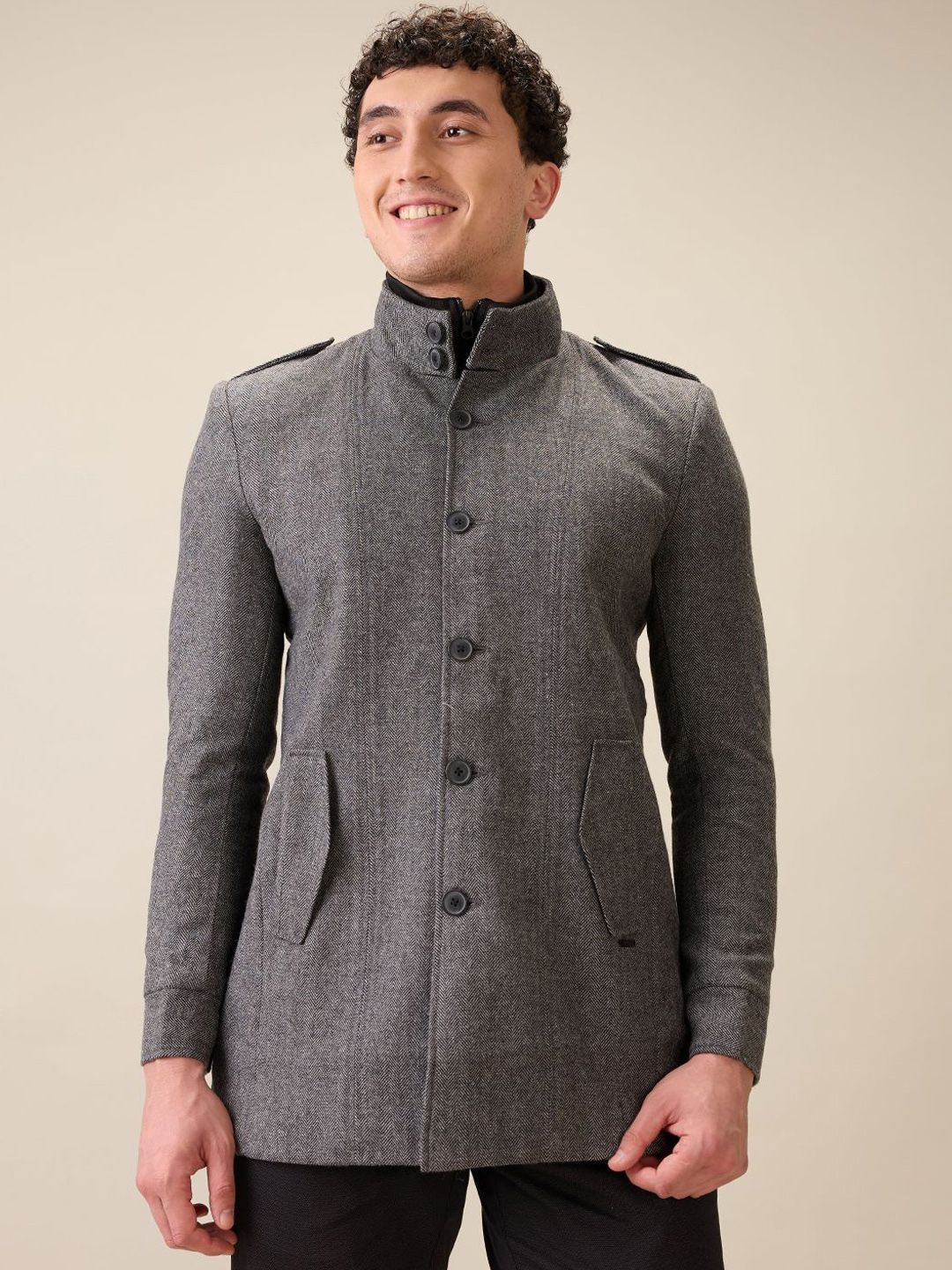 Parx Men Mock Collar Solid Tailored Jacket