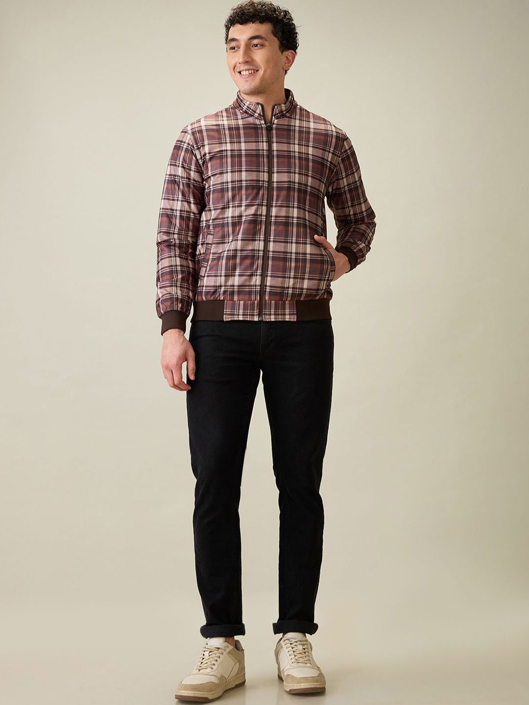 Parx Men Mock Collar Checked Bomber Jacket