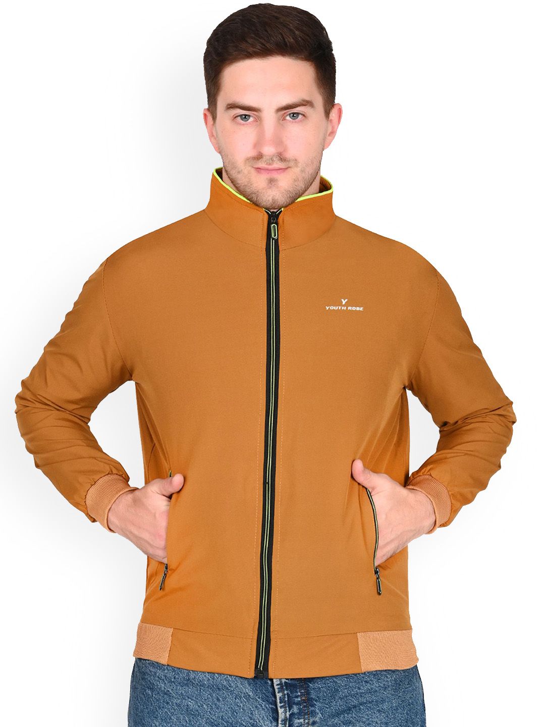 YOUTH ROBE Men Mock Collar Solid Lightweight Bomber Jacket
