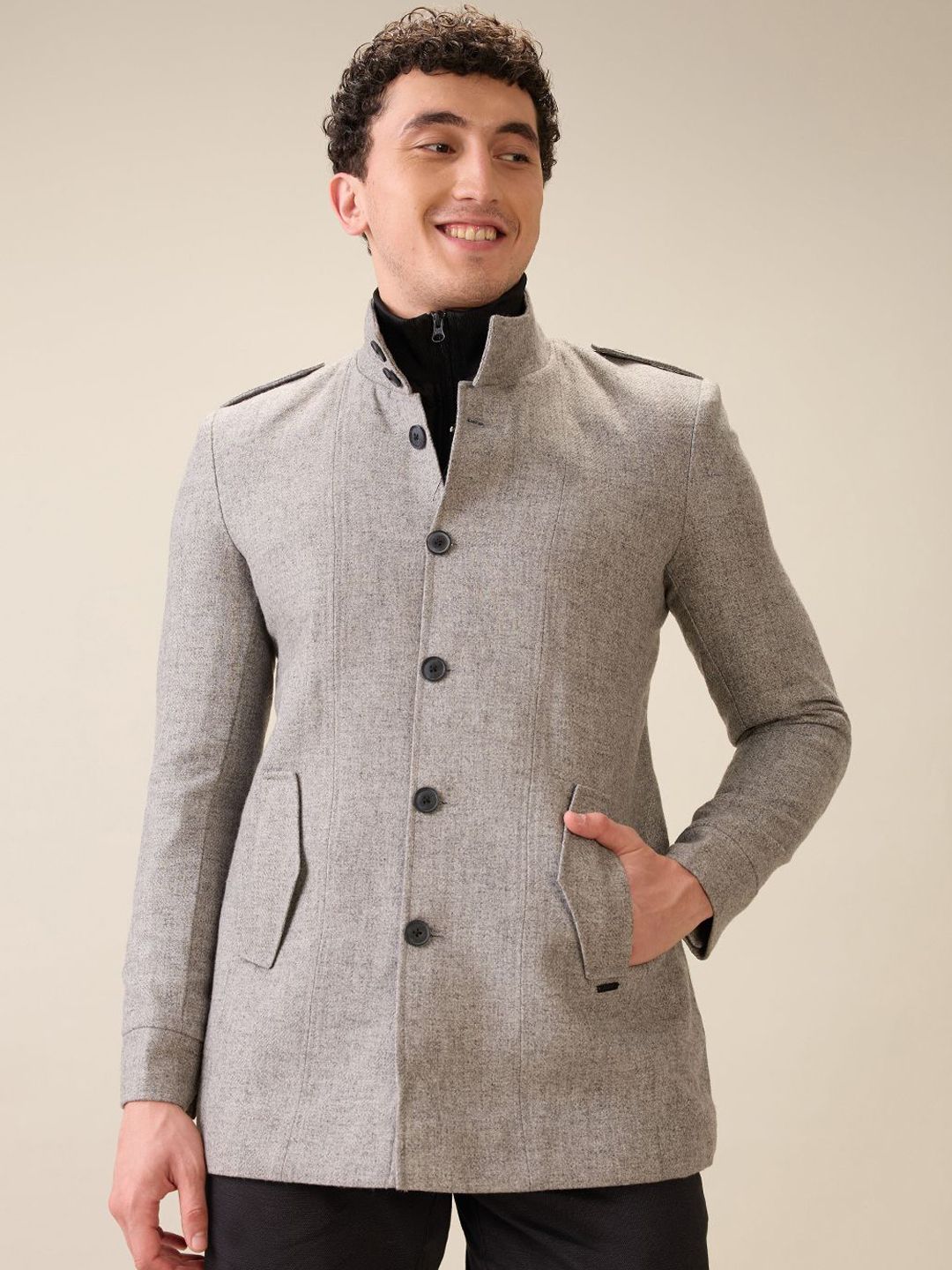 Parx Men Mock Collar Solid Tailored Jacket