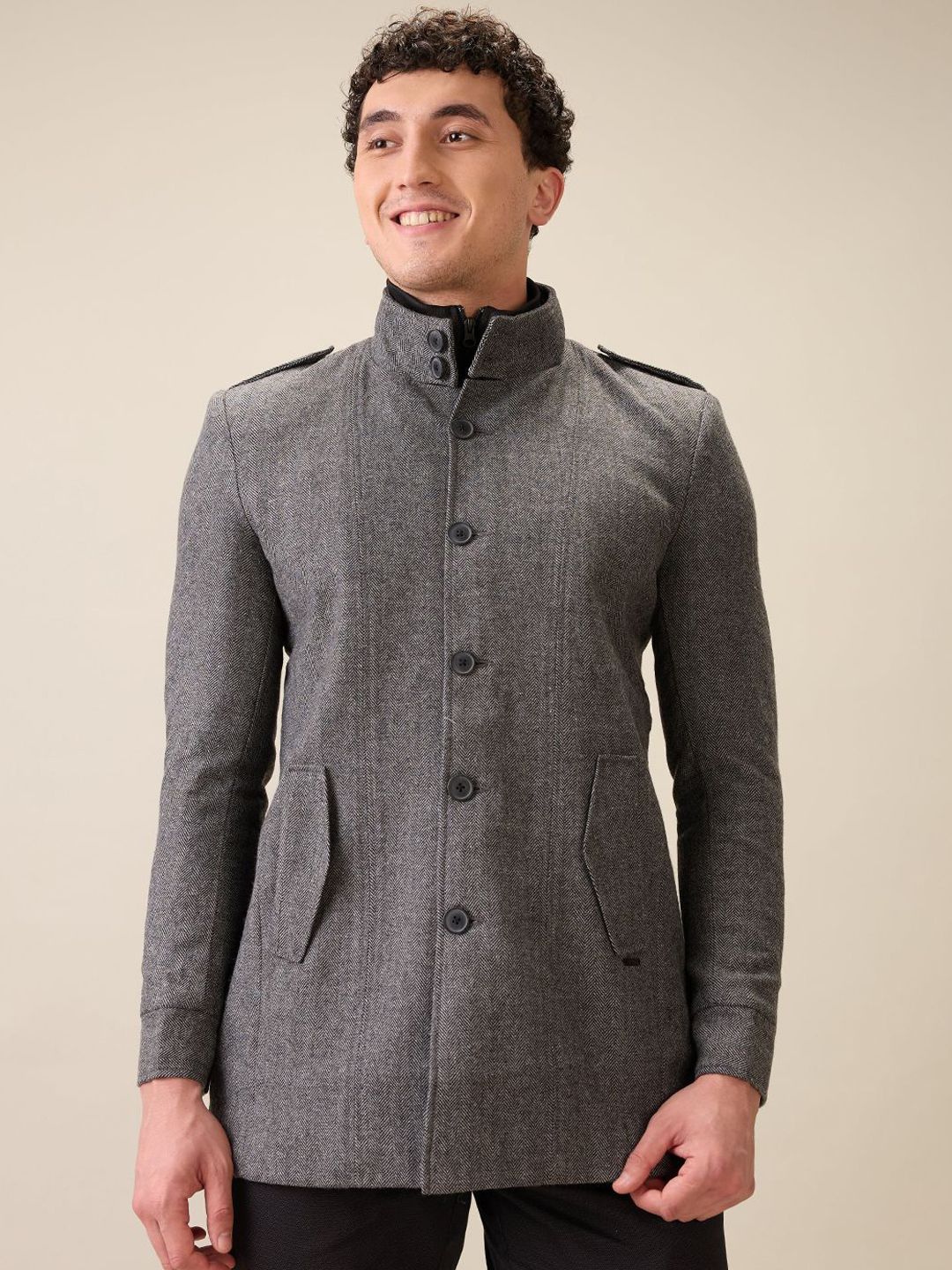 Parx Men Mock Collar Solid Tailored Jacket