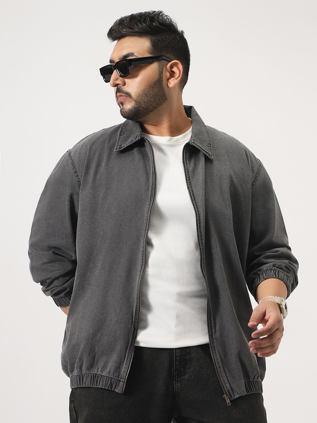 Urbano Plus Men Plus Size Light Grey Relaxed Fit Harrington Denim Jacket